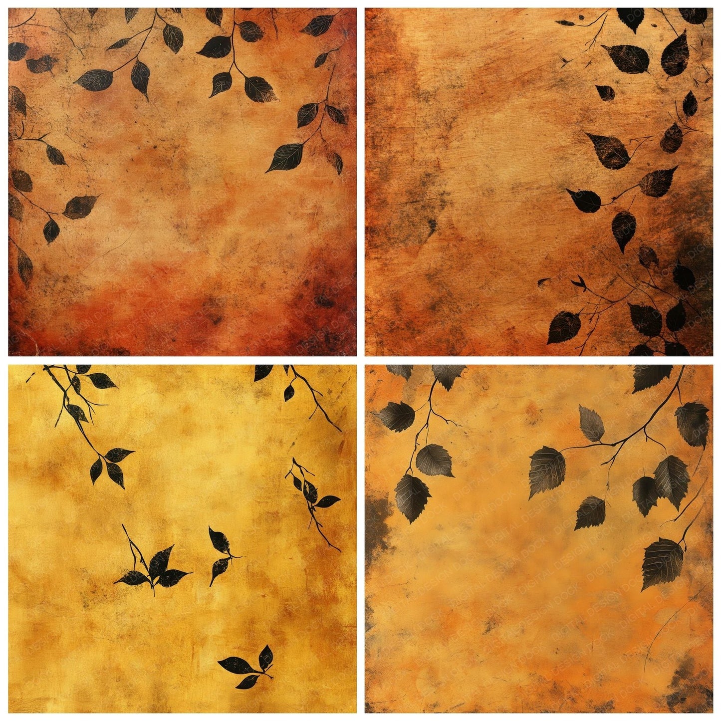 Ochre Ink Leaves Background Digital Paper Pack (DDD000649)