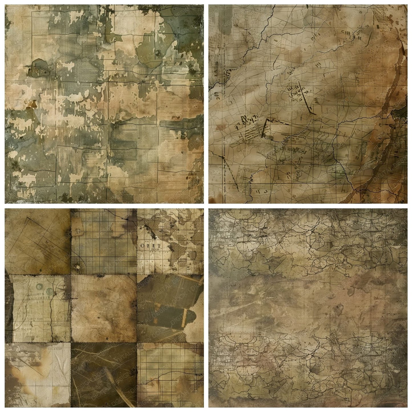 Olive and Khaki Military Maps Background Digital Paper Pack (DDD000651)