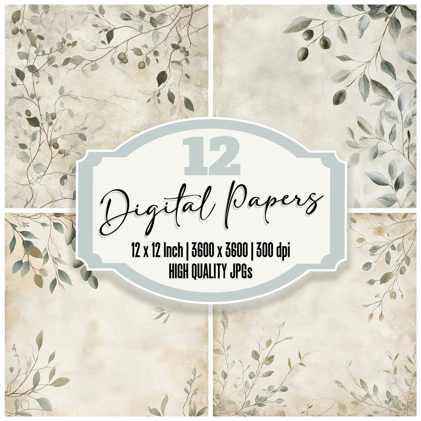 Olive Branches and Eucalyptus Leaves Background Digital Paper Pack (DDD000652)