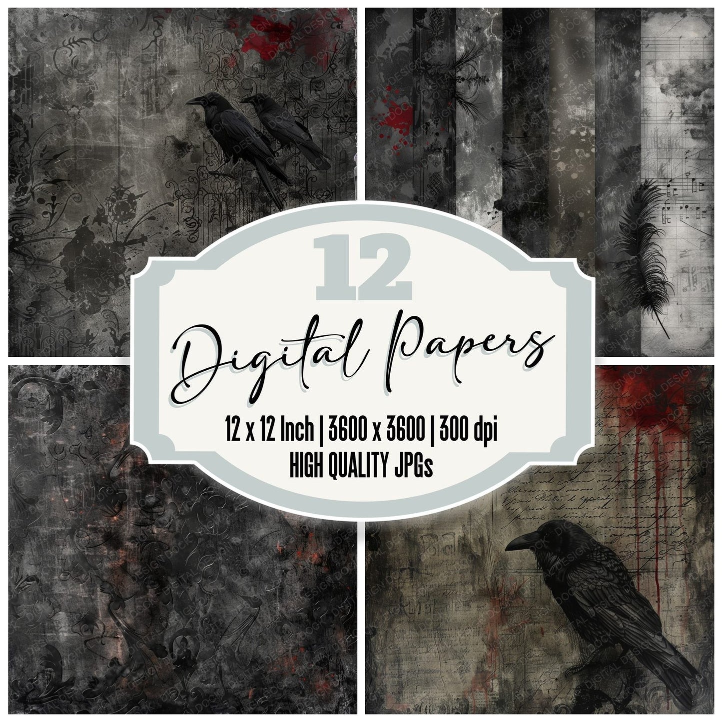 Ornate Gothic Raven Background Digital Paper Pack (DDD000655)