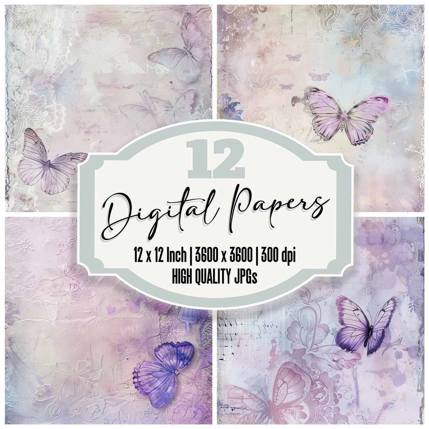 Pale Lavender Butterflies Background Digital Paper Pack (DDD000661)