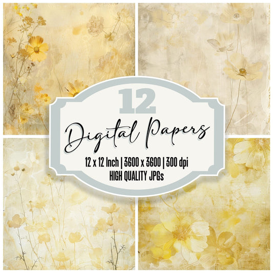 Pale Yellow Floral Background Digital Paper Pack (DDD000662)