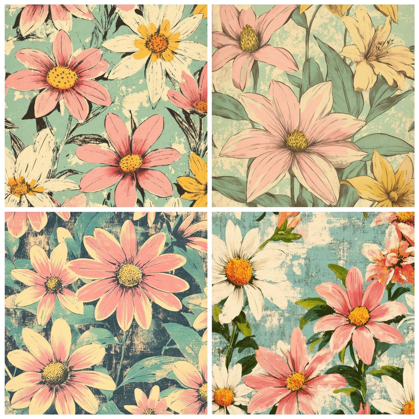 Pastel Halftone Florals Background Digital Paper Pack (DDD000666)