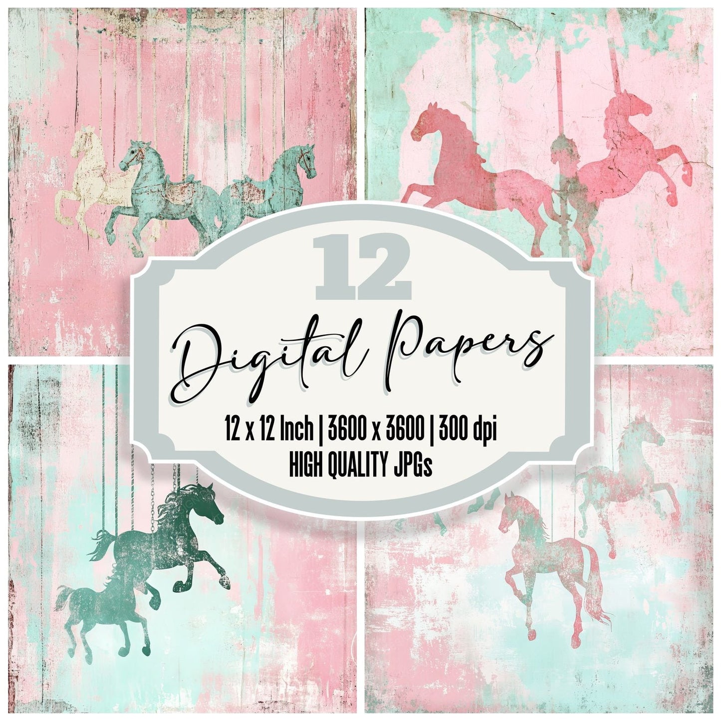 Pink and Mint Carousel Horses Background Digital Paper Pack (DDD000676)