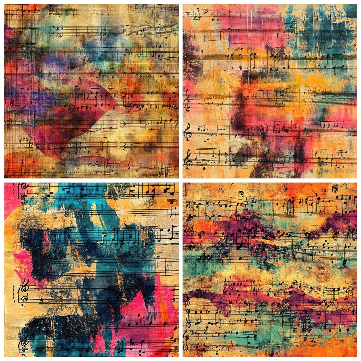Psychedelic Music Sheets Background Digital Paper Pack (DDD000687)