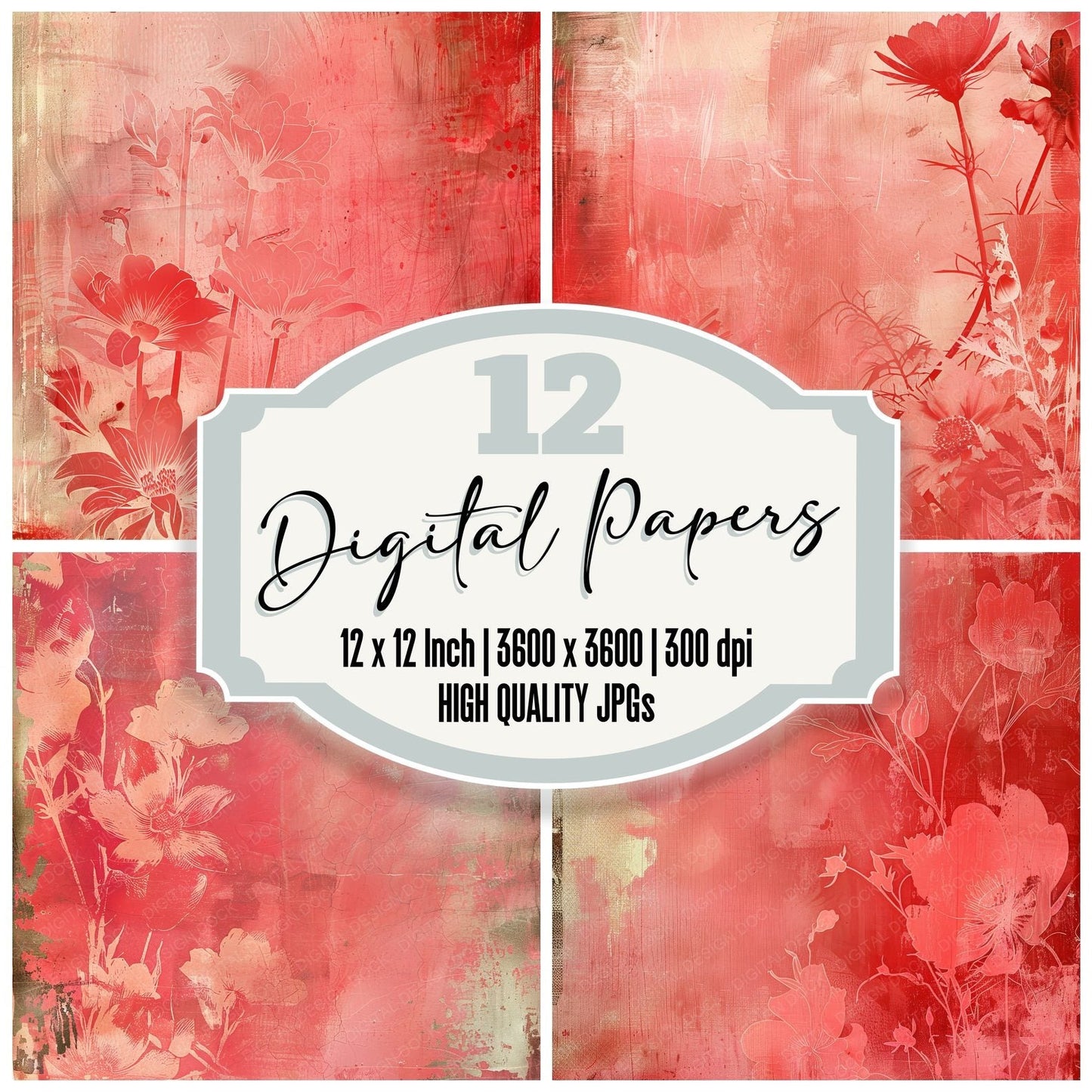 Red Floral Background Digital Paper Pack (DDD000693)