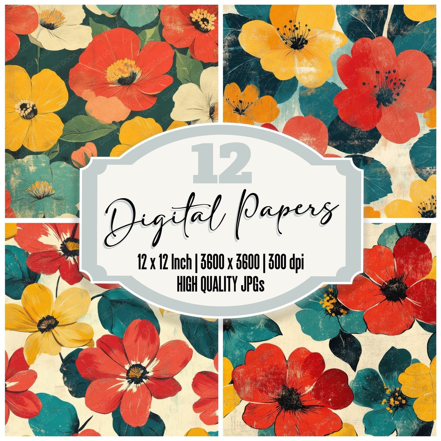 Retro Bold Blooms Background Digital Paper Pack (DDD000697)