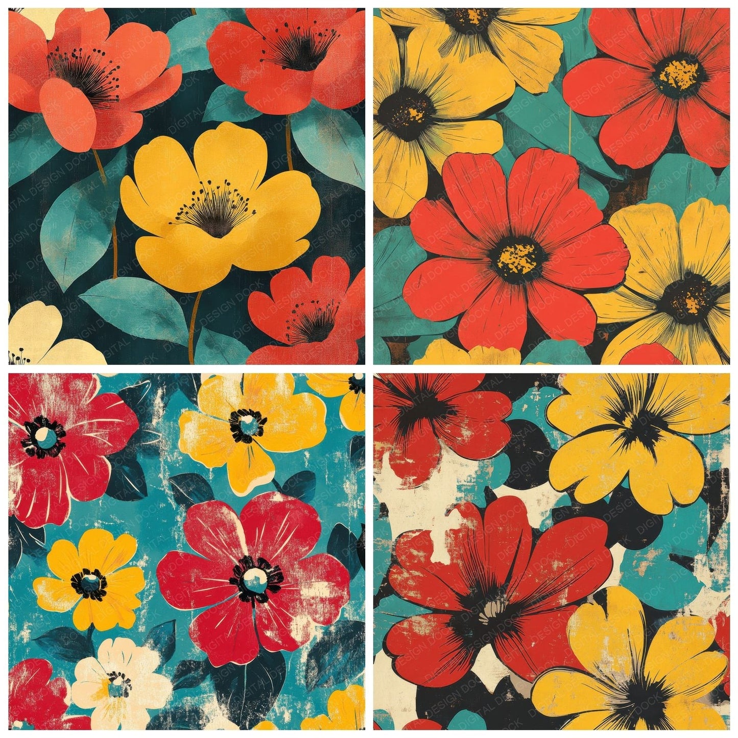 Retro Bold Blooms Background Digital Paper Pack (DDD000697)