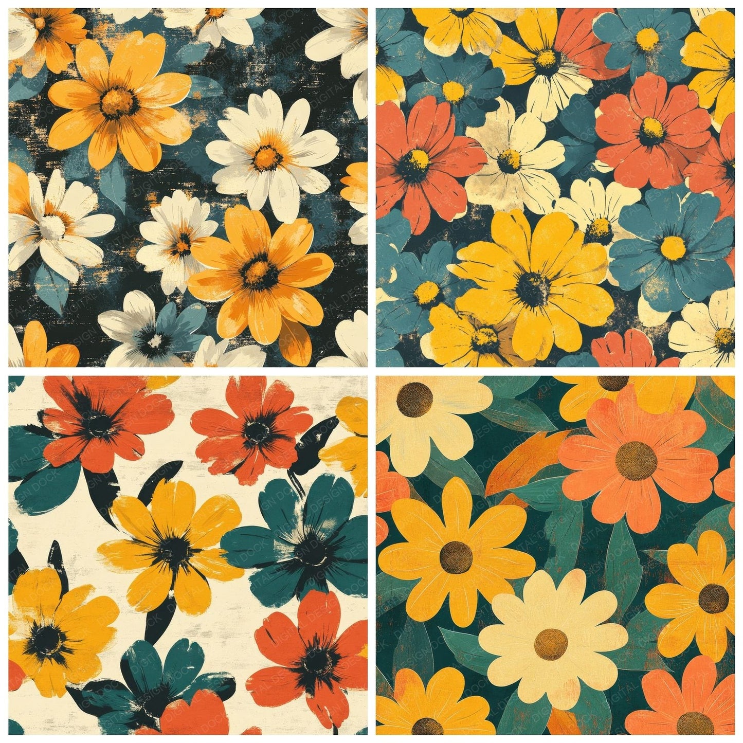 Retro Funk Florals Background Digital Paper Pack (DDD000698)