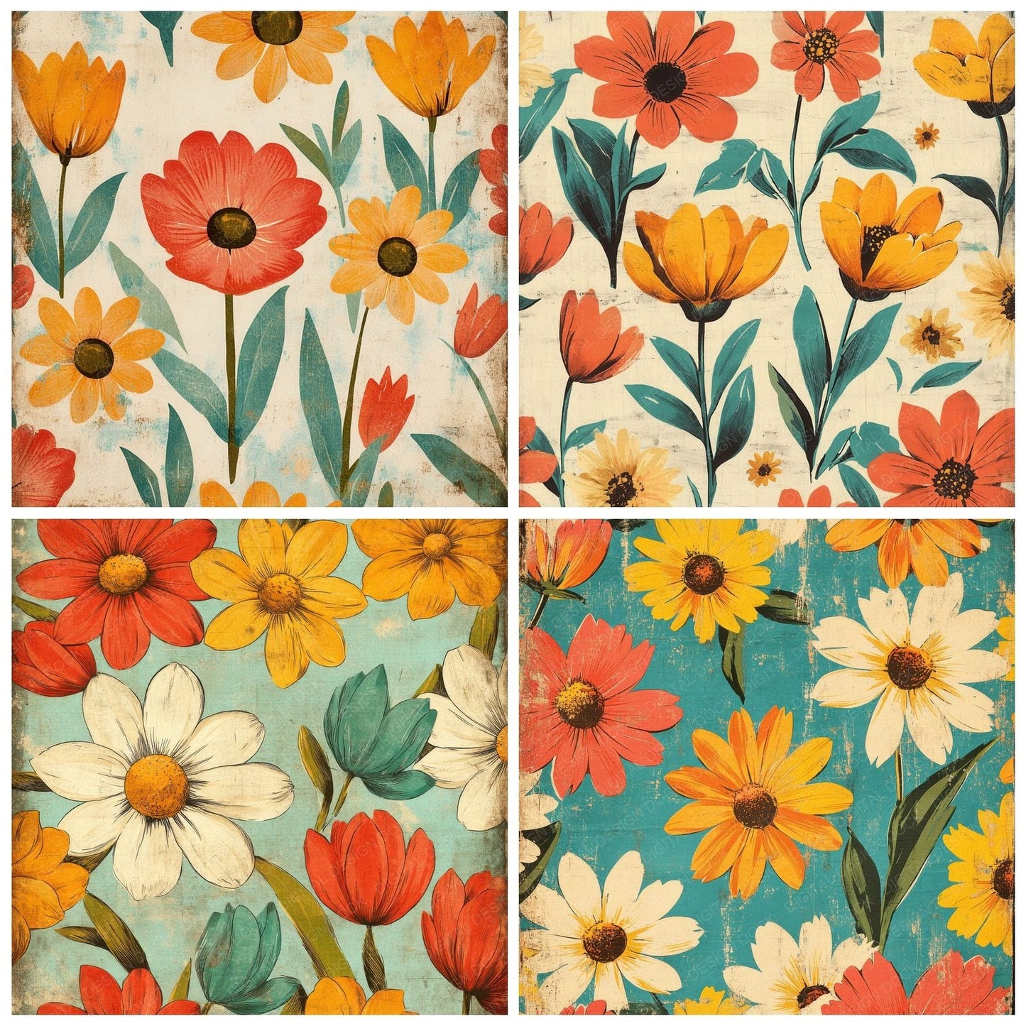 Retro Mod Florals Background Digital Paper Pack (DDD000699)