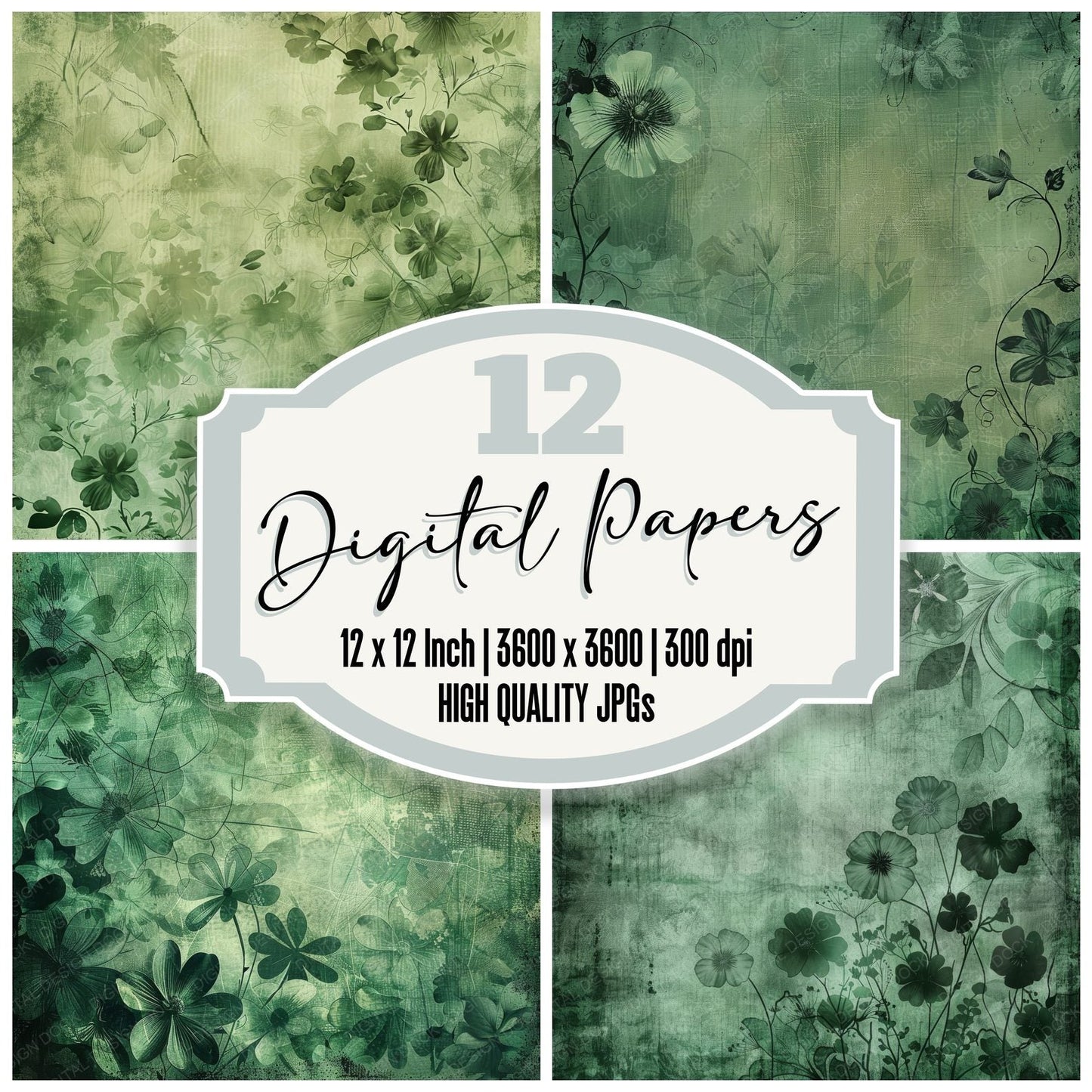 Rich Emerald Green Floral Background Digital Paper Pack (DDD000701)