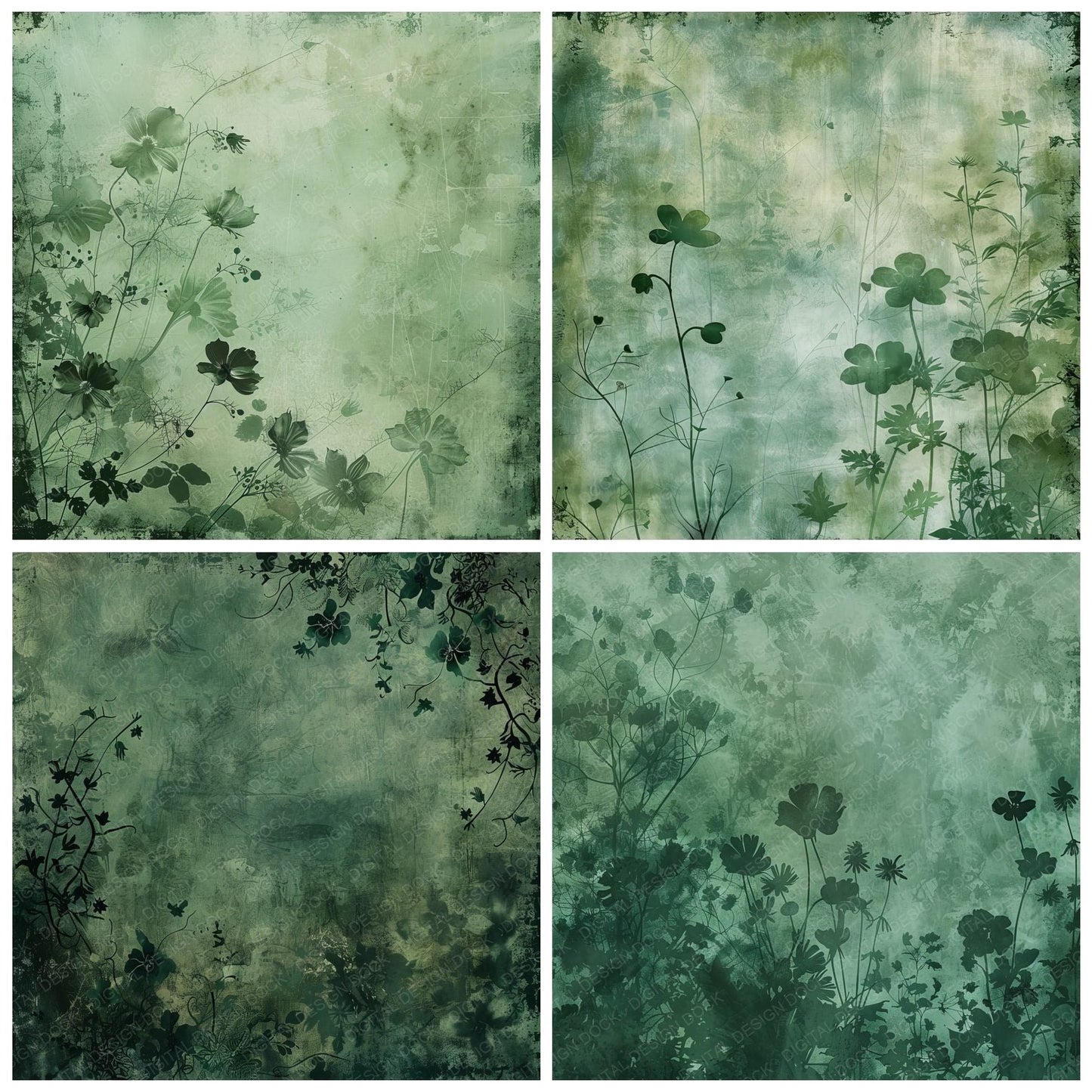 Rich Emerald Green Floral Background Digital Paper Pack (DDD000701)
