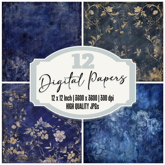 Rich Navy Damask Pattern Background Digital Paper Pack (DDD000702)