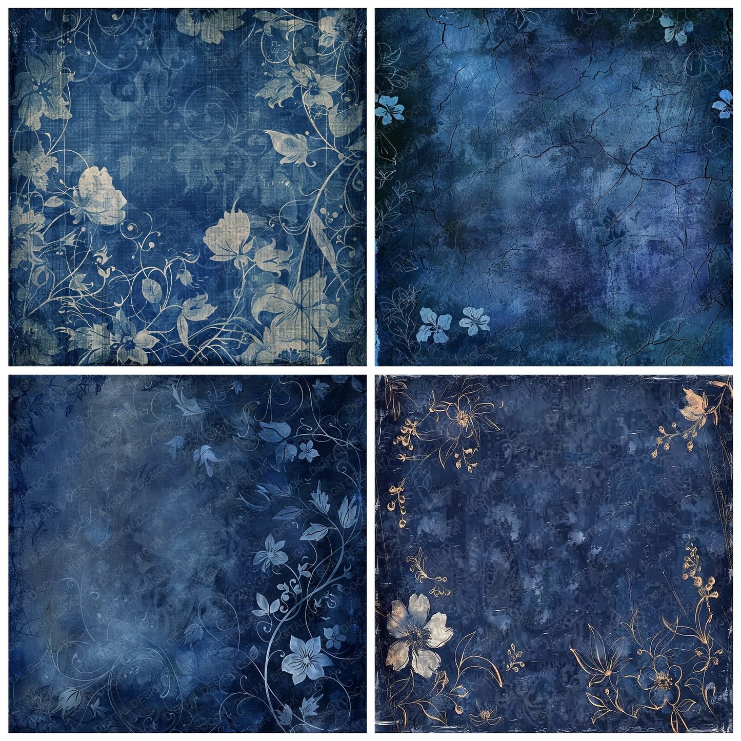 Rich Navy Damask Pattern Background Digital Paper Pack (DDD000702)