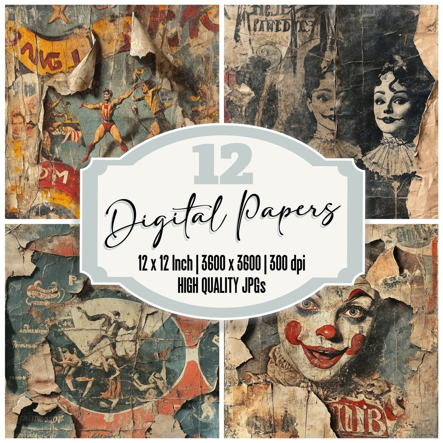 Ripped Circus Advertisements Background Digital Paper Pack (DDD000703)