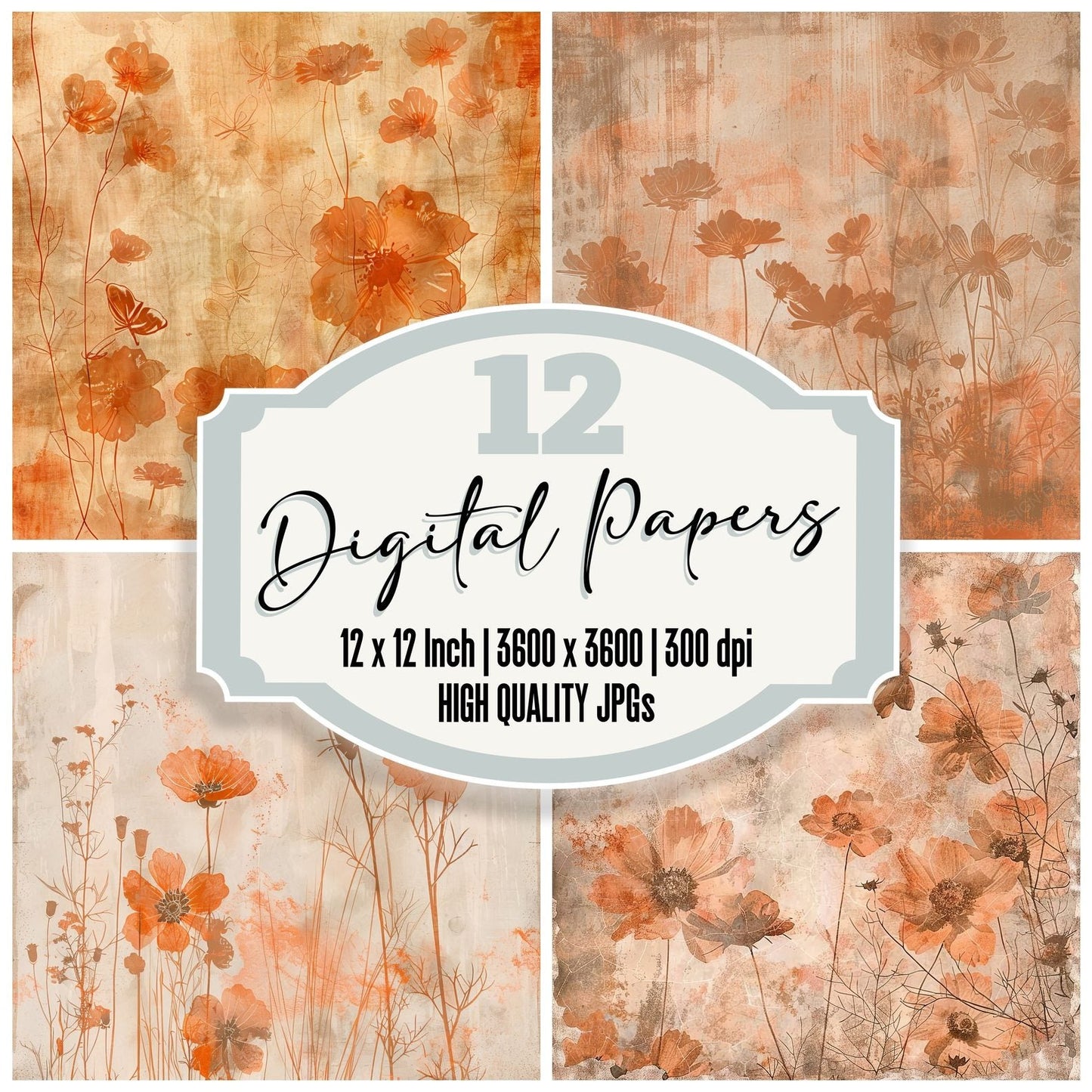 Rust Orange Floral Background Digital Paper Pack (DDD000712)