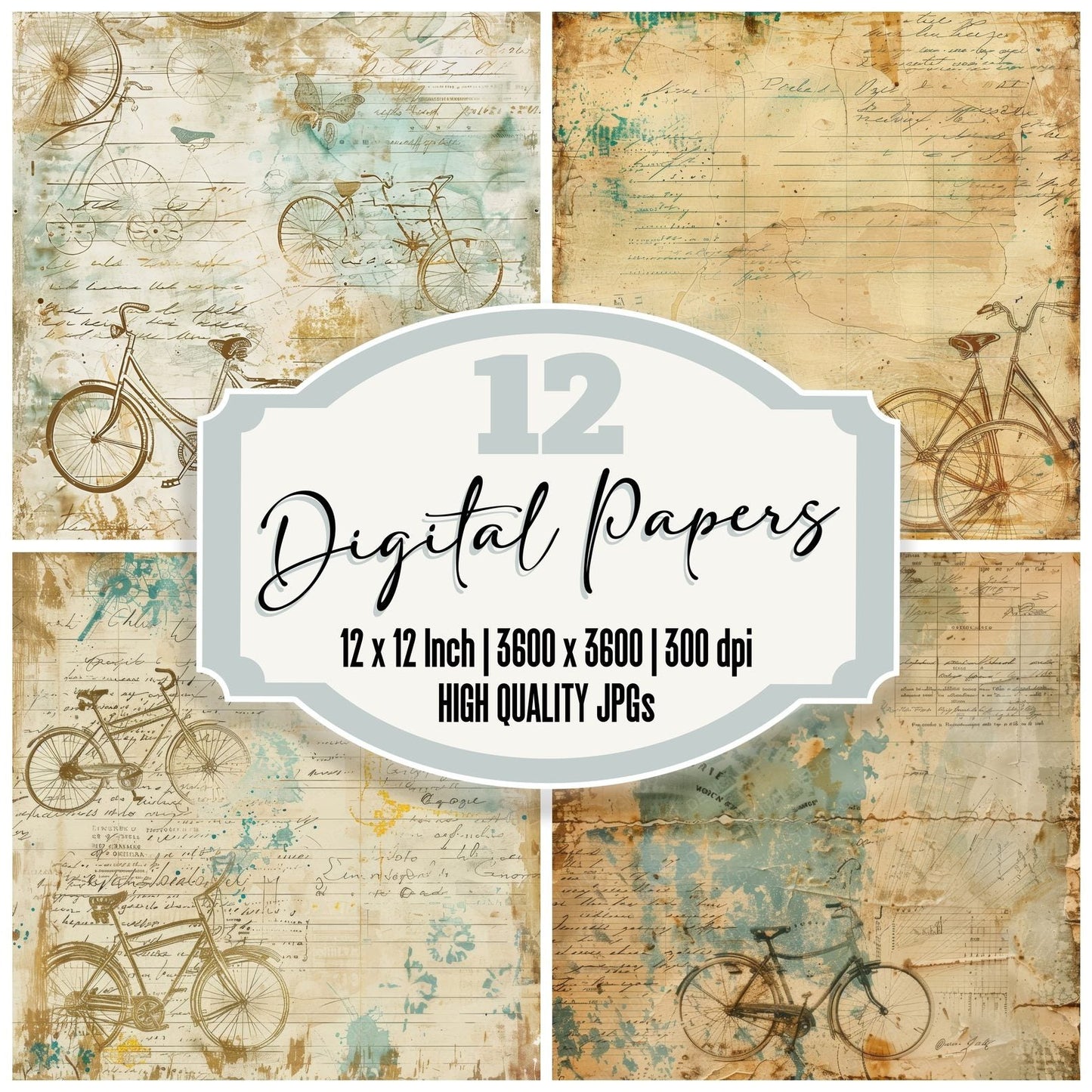 Rustic Bicycle Postcards Background Digital Paper Pack (DDD000719)