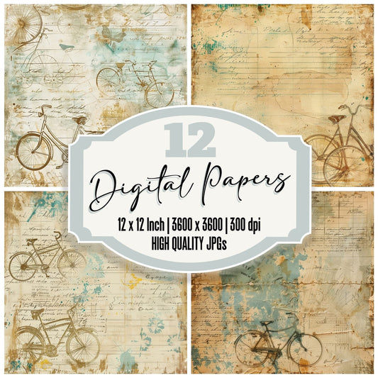Rustic Bicycle Postcards Background Digital Paper Pack (DDD000719)