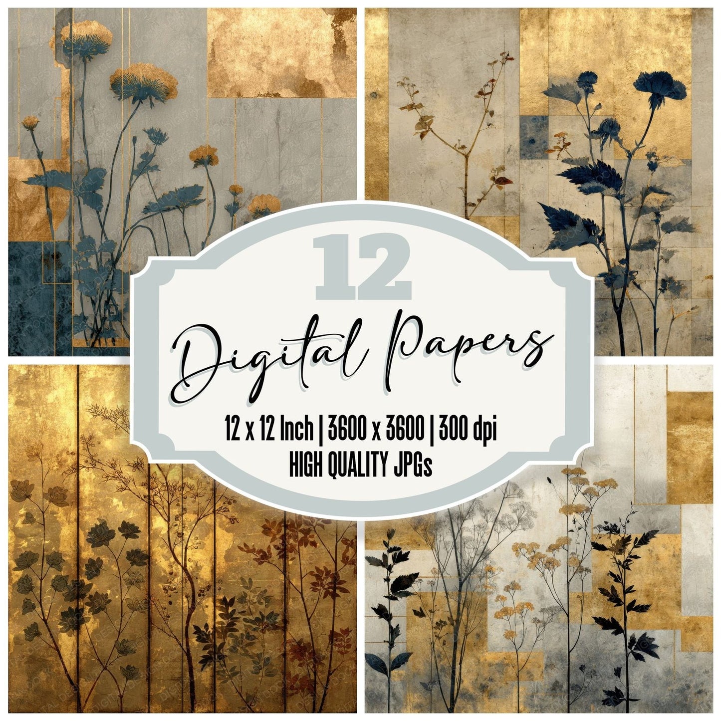 Byobu Gold Fog Flora Seam Digital Paper Pack (DDD000767)