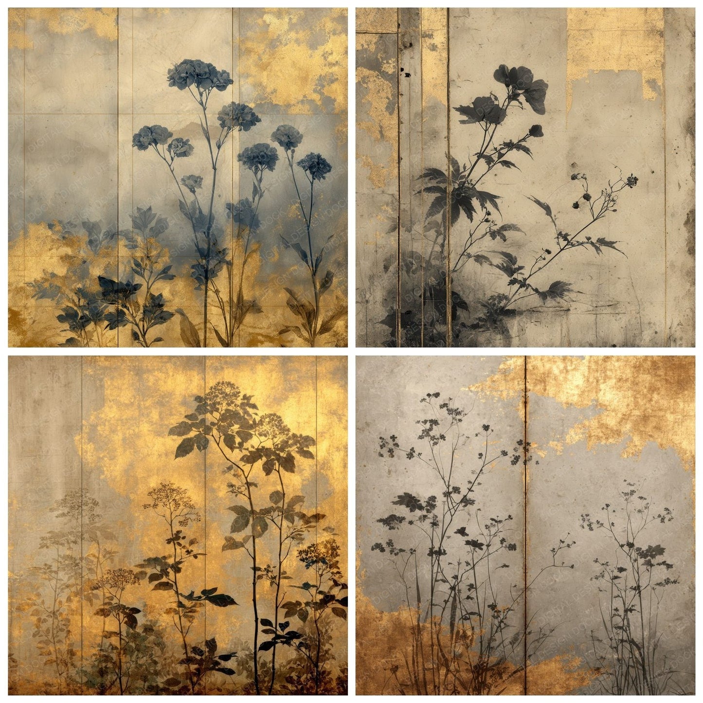 Byobu Gold Fog Flora Seam Digital Paper Pack (DDD000767)