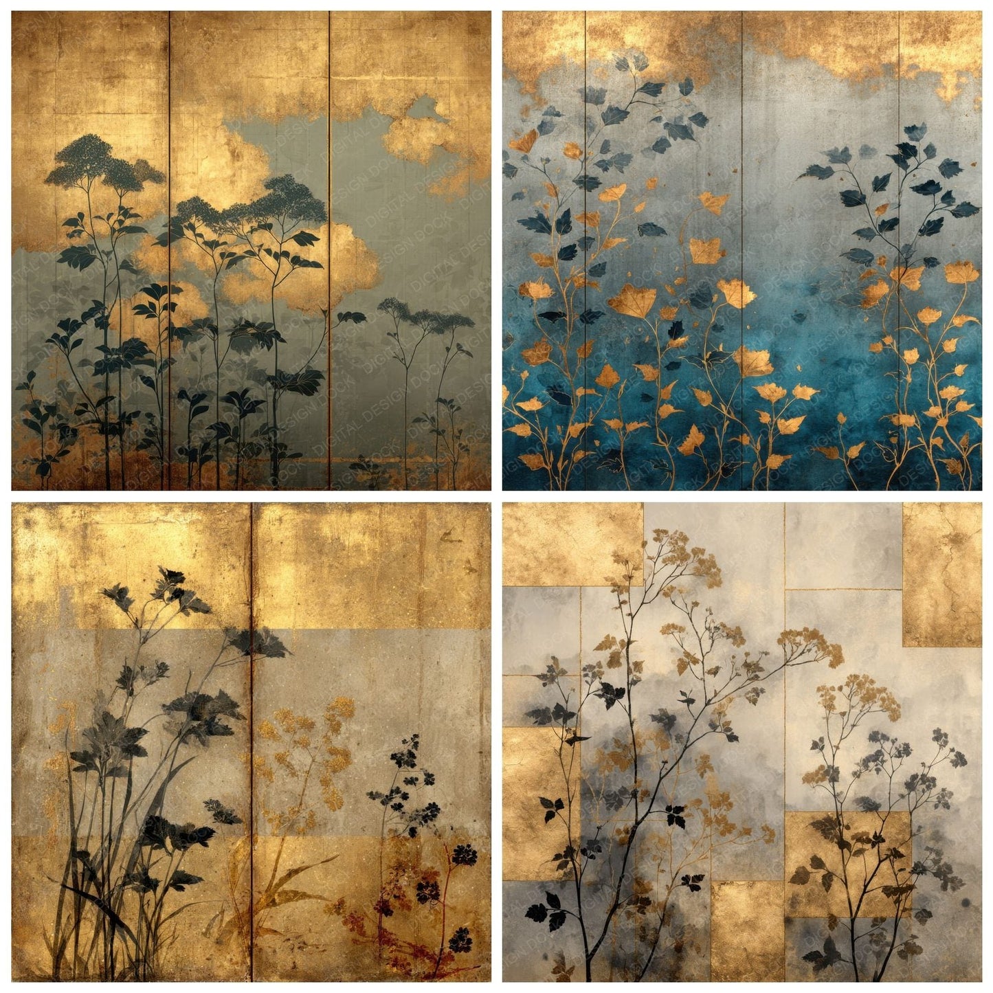Byobu Gold Fog Flora Seam Digital Paper Pack (DDD000767)