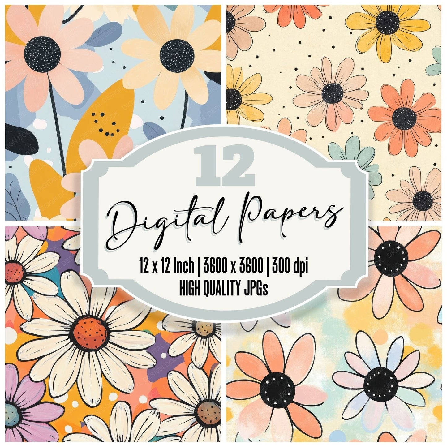 Cartoon Daisy Dots Digital Paper Pack (DDD000806)