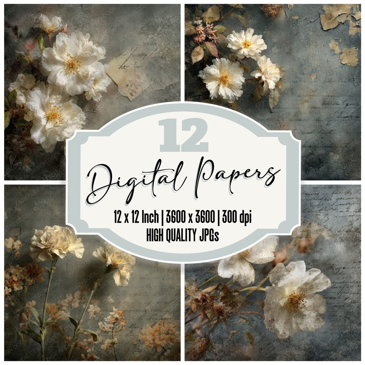 Charcoal Cream Bloom Digital Paper Pack (DDD000868)