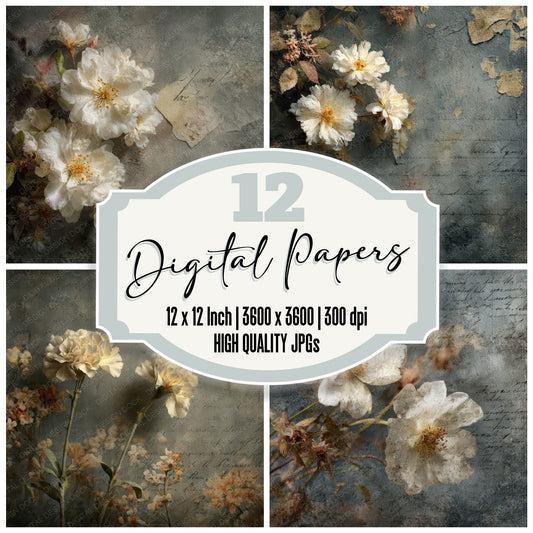Charcoal Cream Bloom Digital Paper Pack (DDD000868)