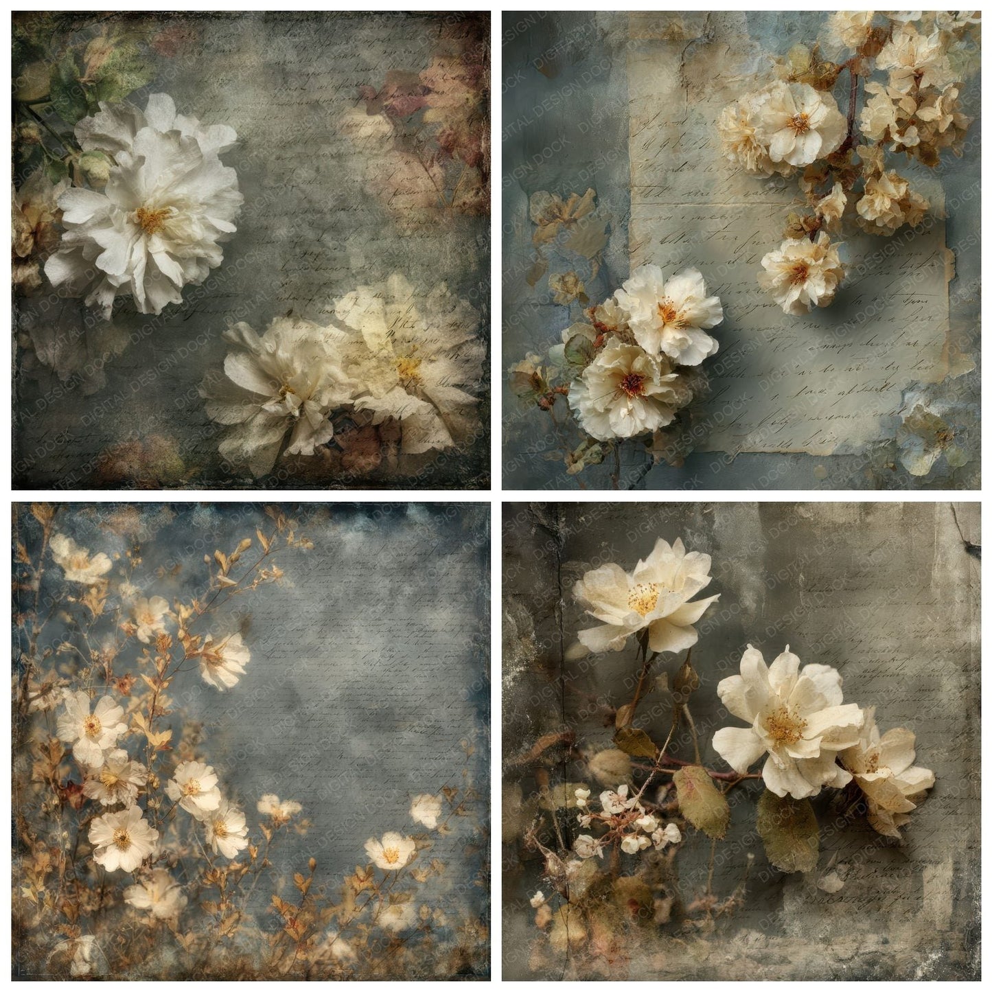 Charcoal Cream Bloom Digital Paper Pack (DDD000868)