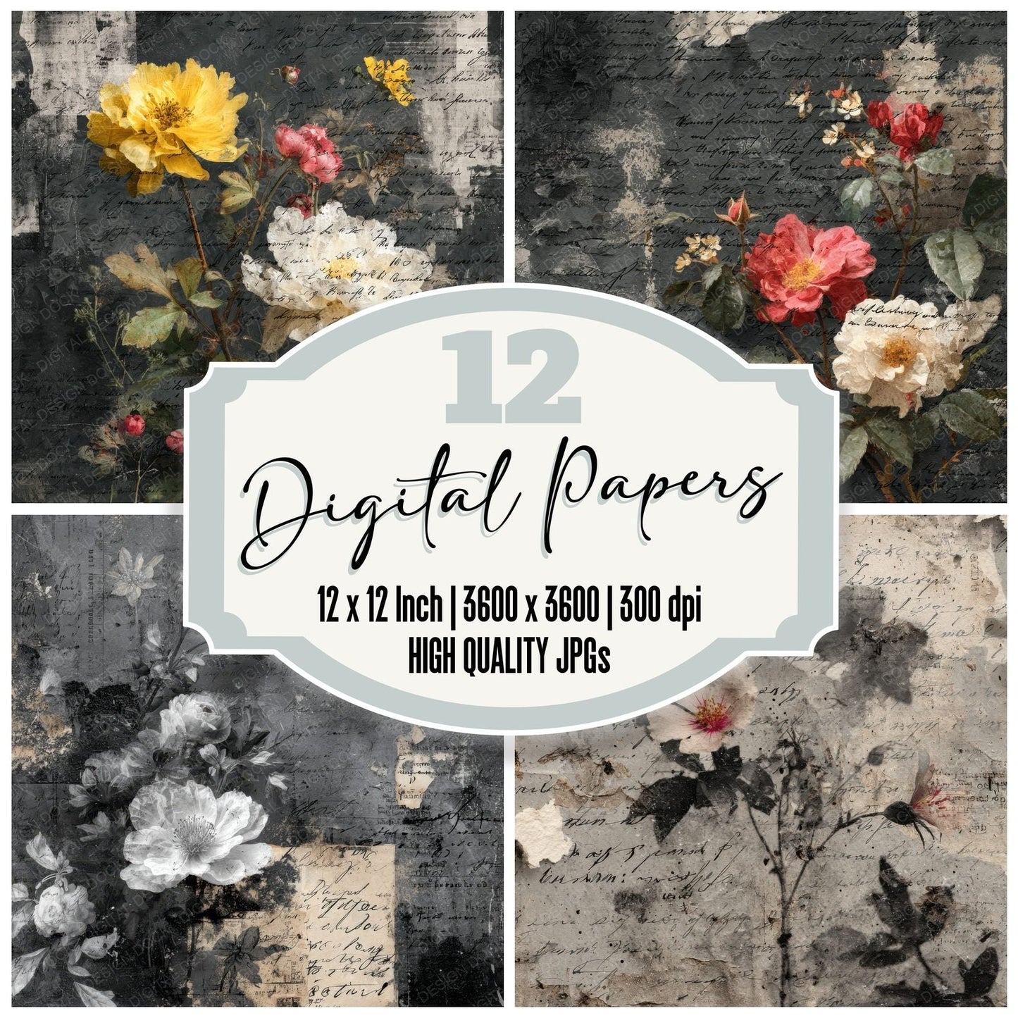 Charcoal Floral Stamp Ink Fold Digital Paper Pack (DDD000869)