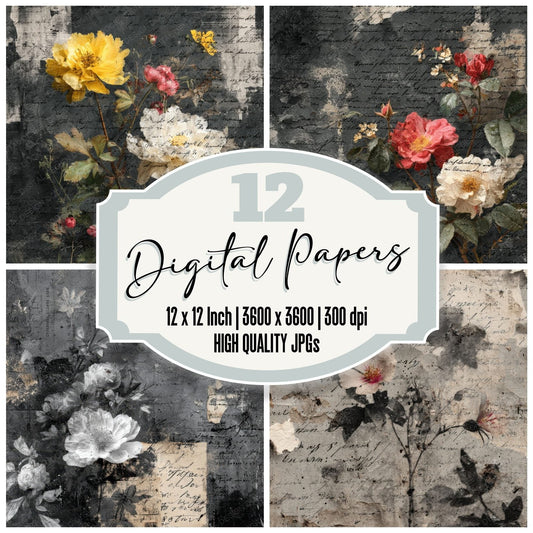 Charcoal Floral Stamp Ink Fold Digital Paper Pack (DDD000869)