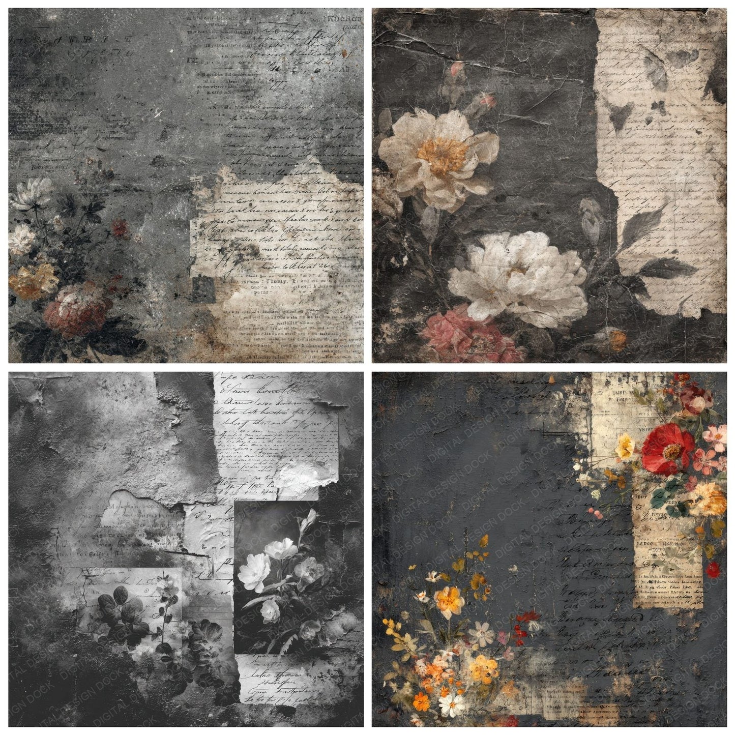 Charcoal Floral Stamp Ink Fold Digital Paper Pack (DDD000869)
