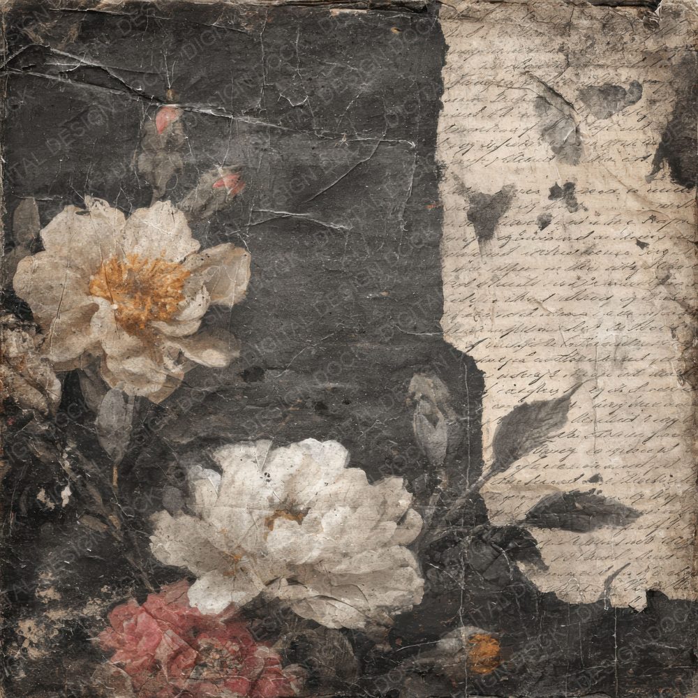 Charcoal Floral Stamp Ink Fold Digital Paper Pack (DDD000869)