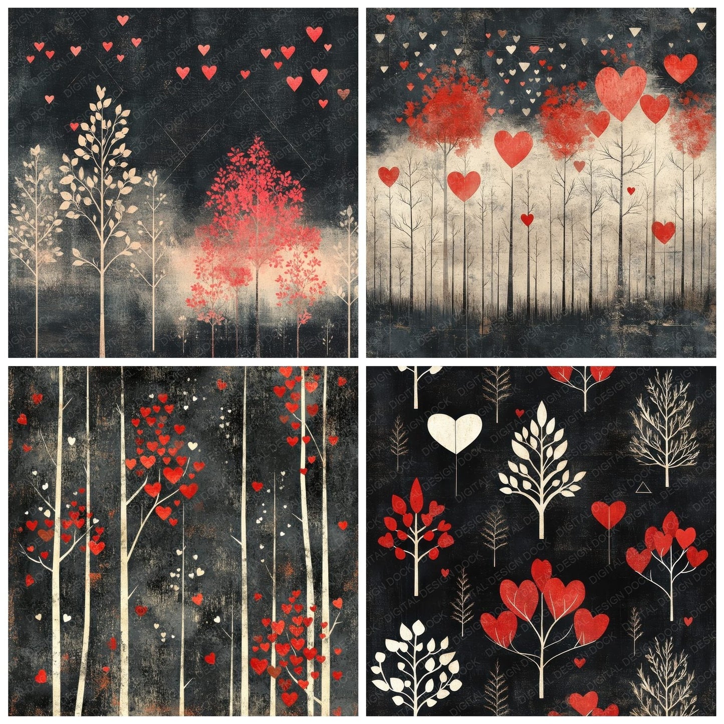 Charcoal Heart Tree Digital Paper Pack (DDD000874)