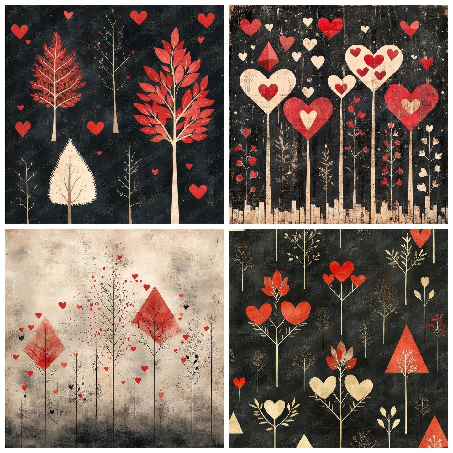 Charcoal Heart Tree Digital Paper Pack (DDD000874)