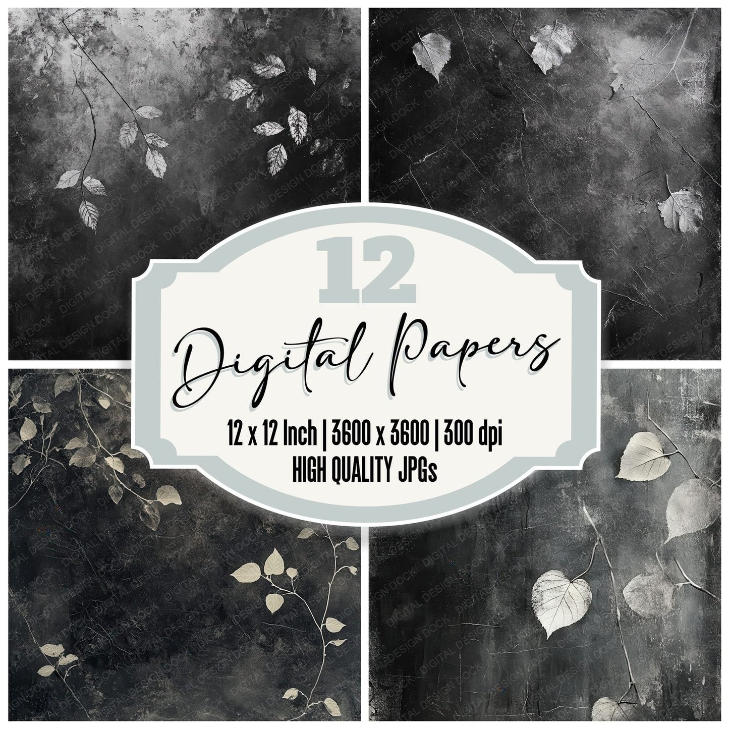 Charcoal Leaf Imprints Digital Paper Pack (DDD000876)