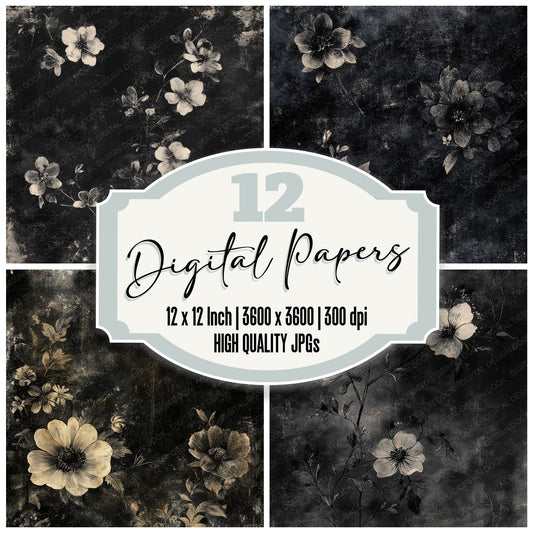 Charcoal Sketch Florals Digital Paper Pack (DDD000881)
