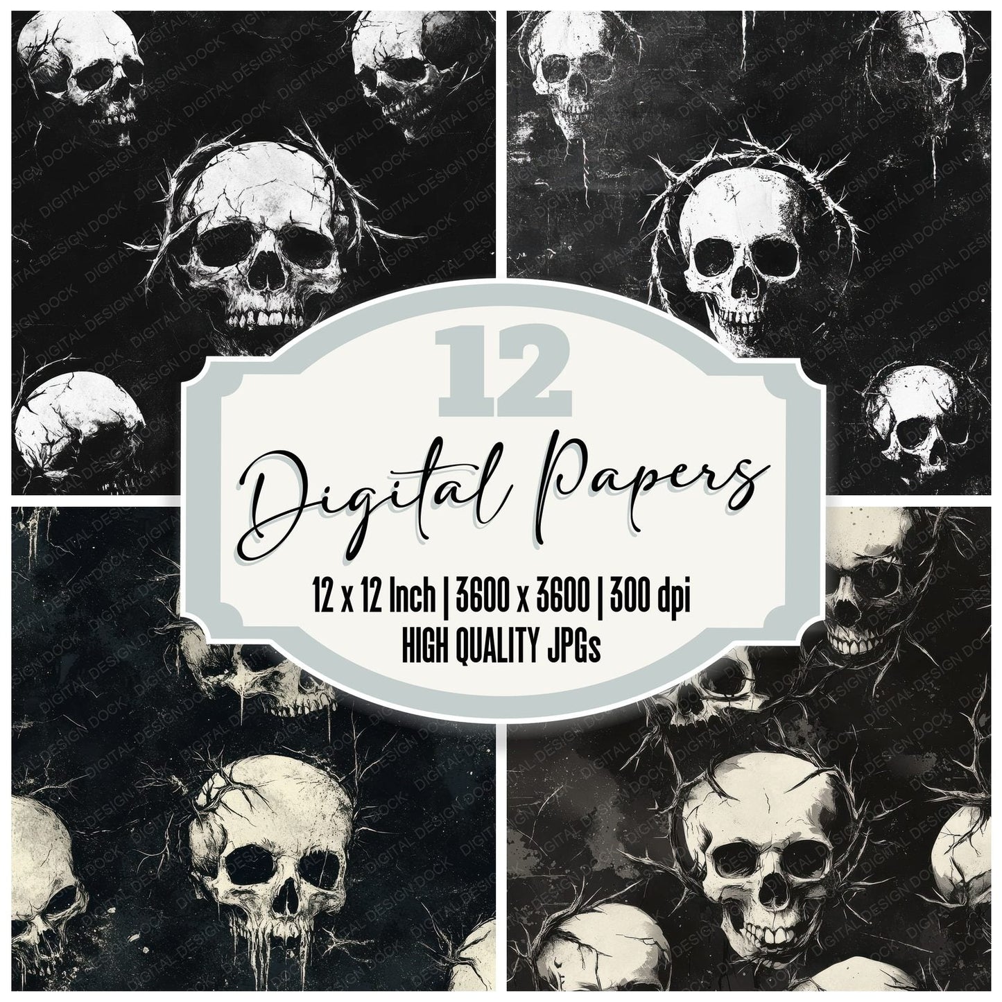 Charcoal Thorn Skull Digital Paper Pack (DDD000884)