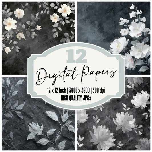 Charcoal White Stroke Floral Digital Paper Pack (DDD000885)