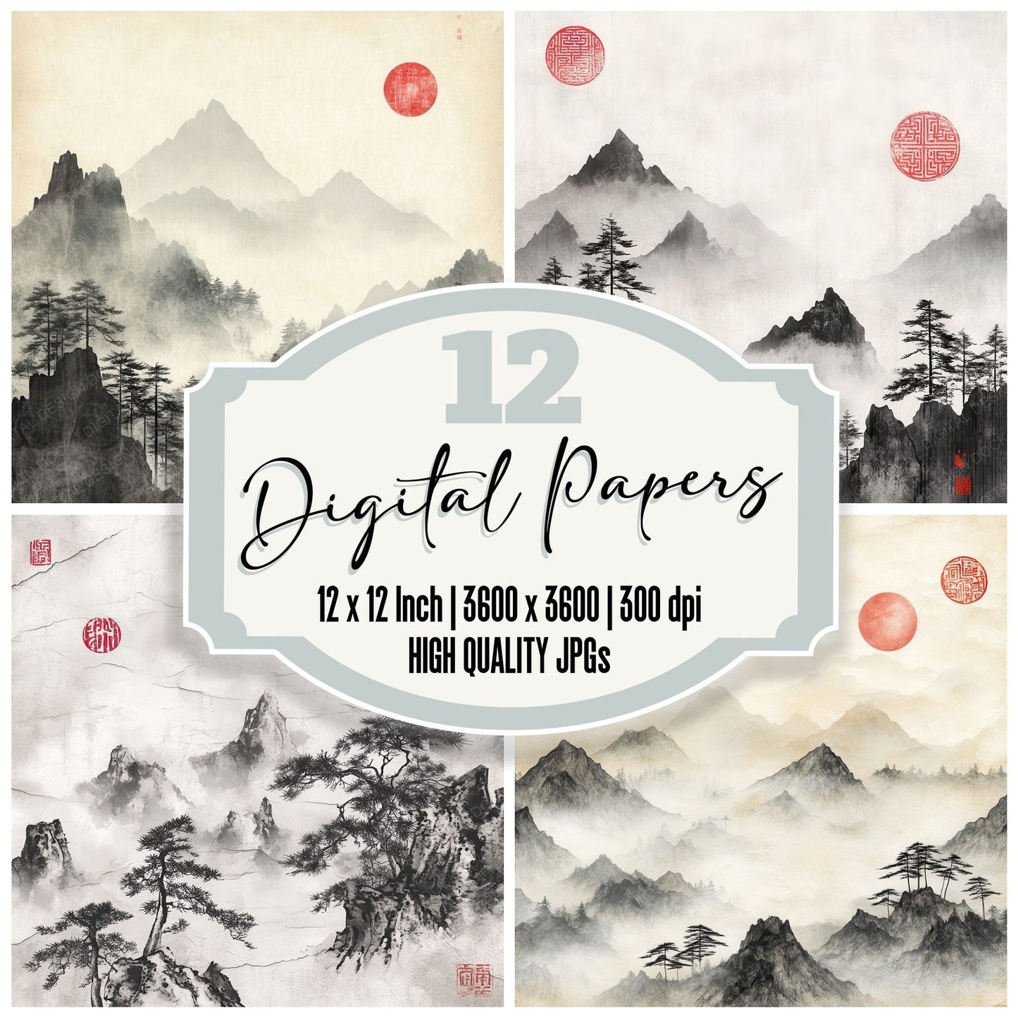 Chinese Ink Mountain Scroll Digital Paper Pack (DDD000902)