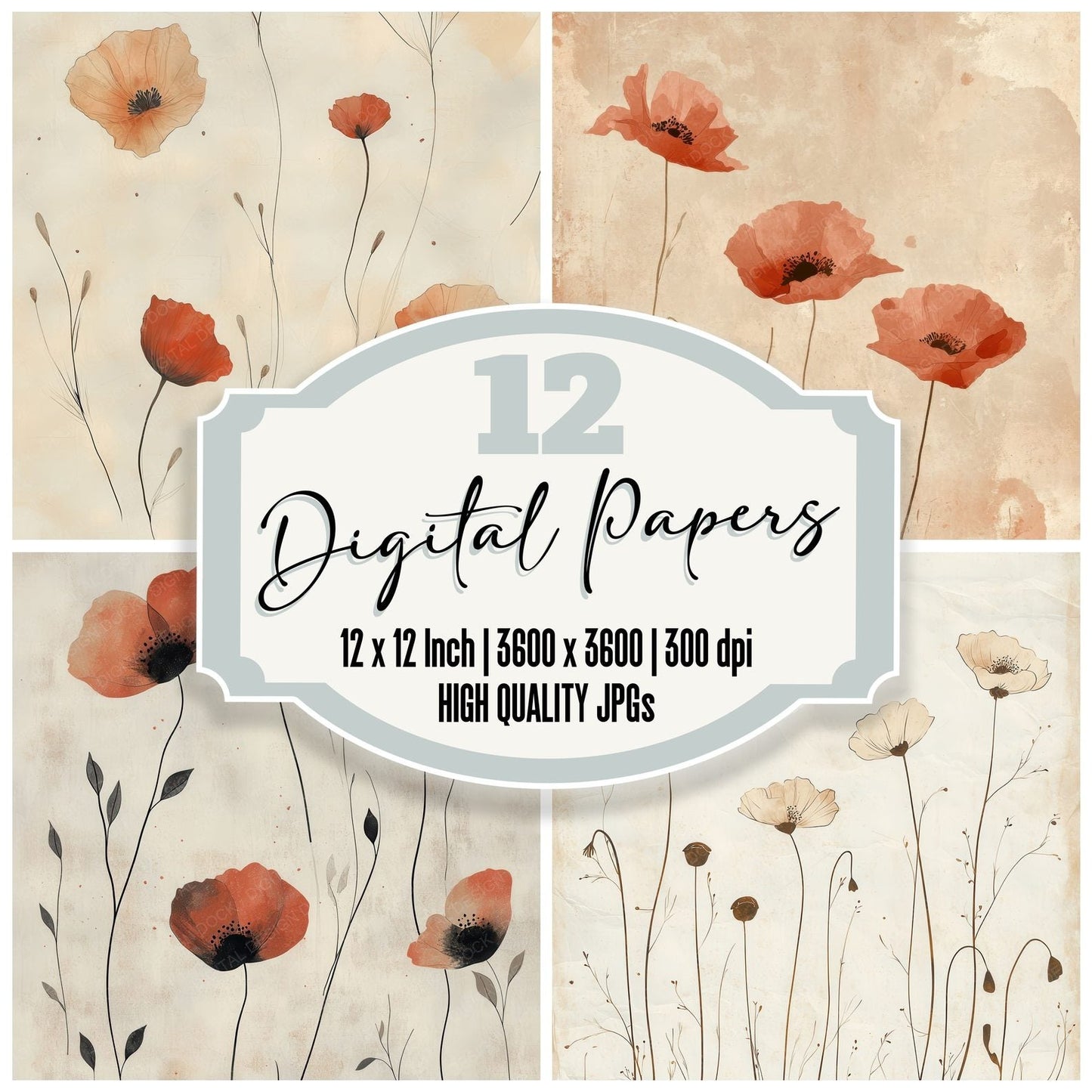 Clay Poppy Silhouette Digital Paper Pack (DDD000983)