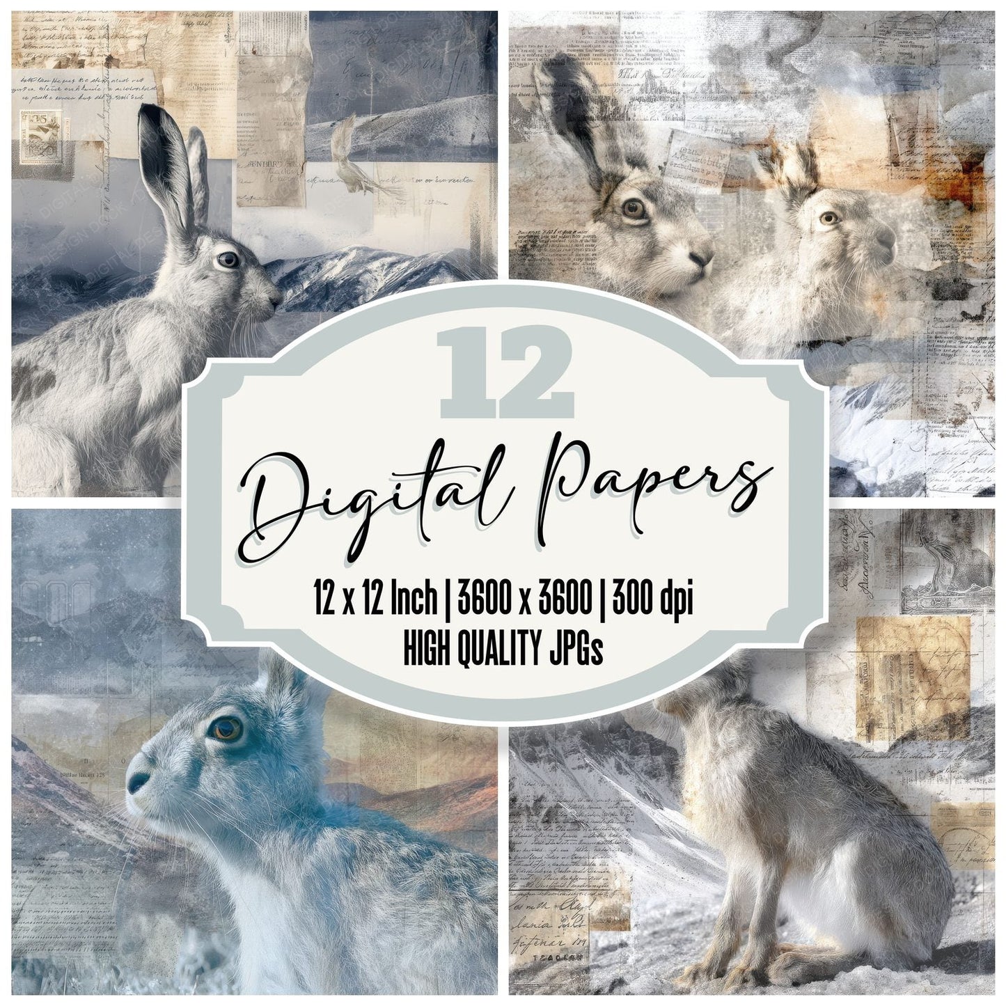 Collage Arctic Hare Tundra Sheet Digital Paper Pack (DDD001028)