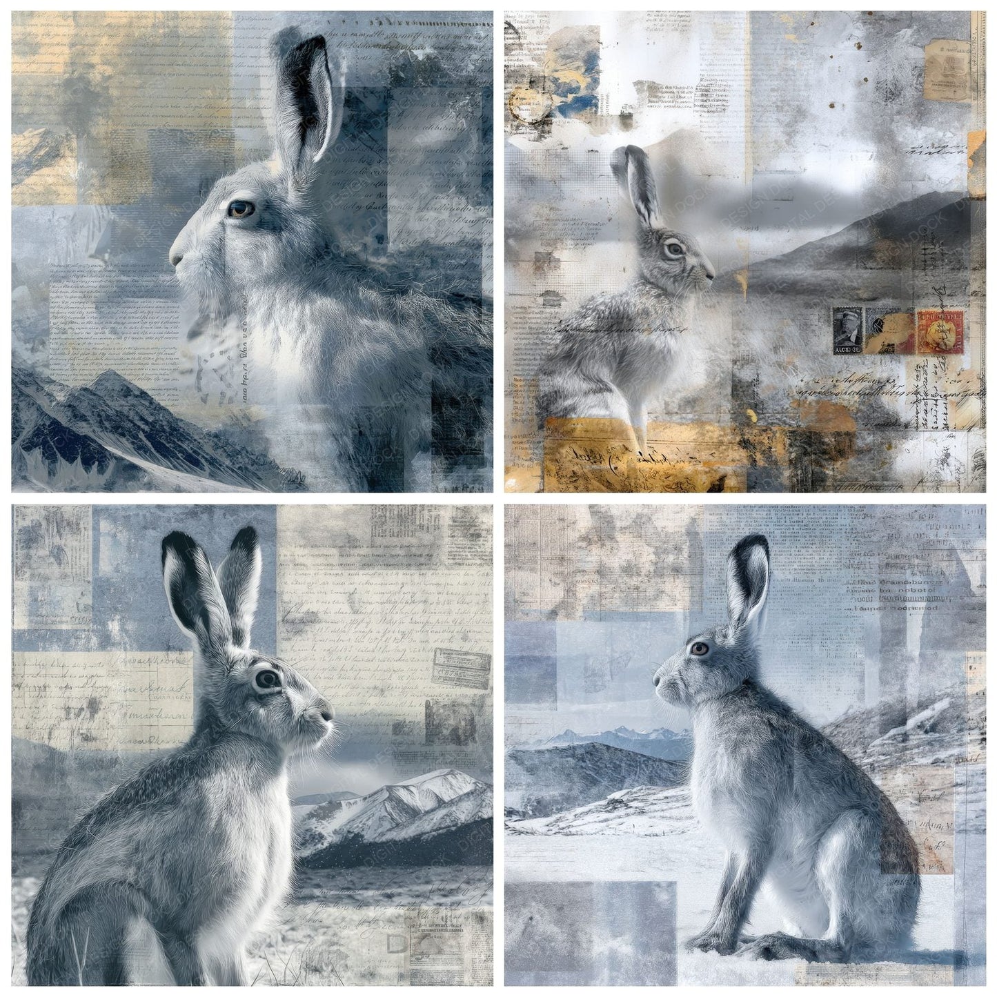 Collage Arctic Hare Tundra Sheet Digital Paper Pack (DDD001028)