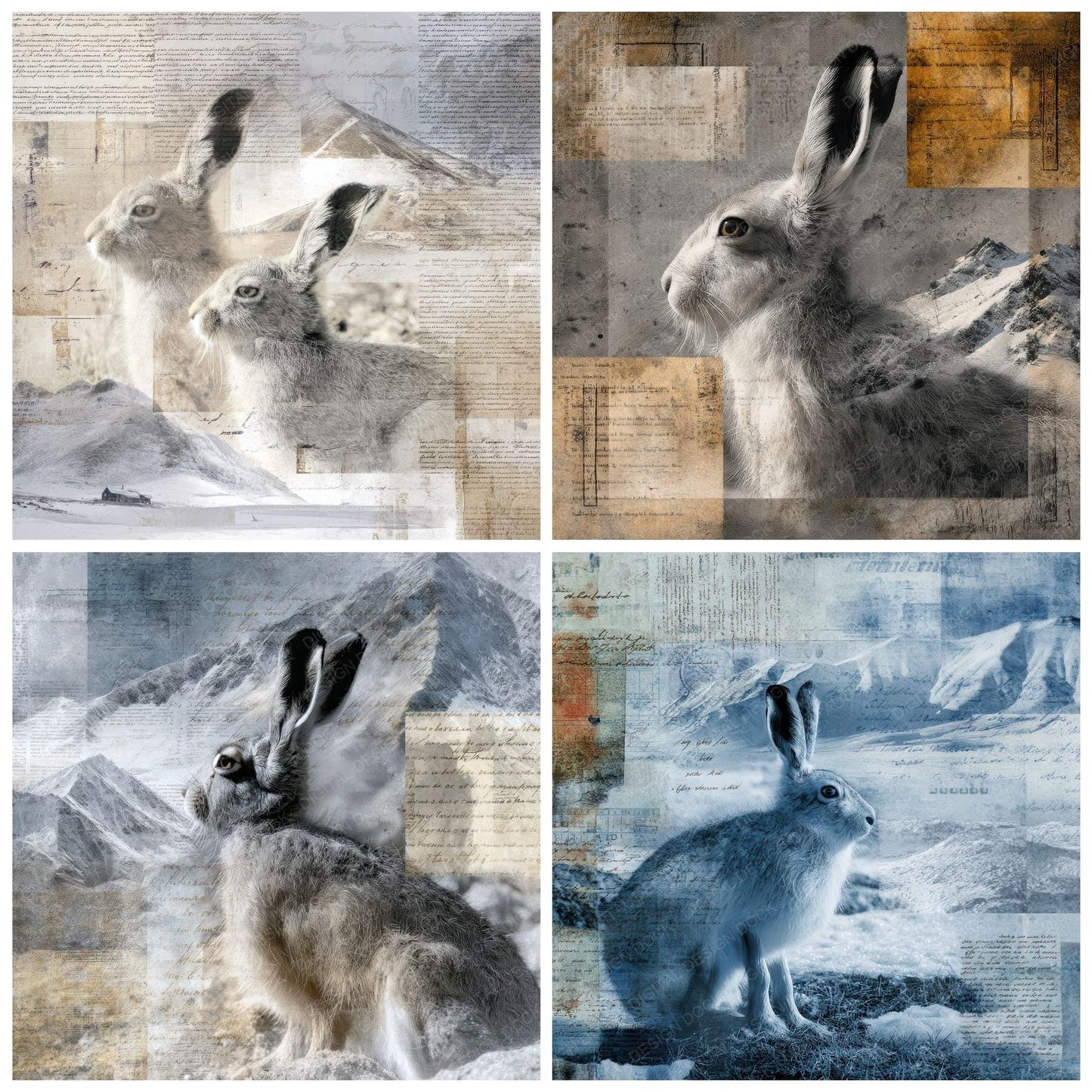 Collage Arctic Hare Tundra Sheet Digital Paper Pack (DDD001028)