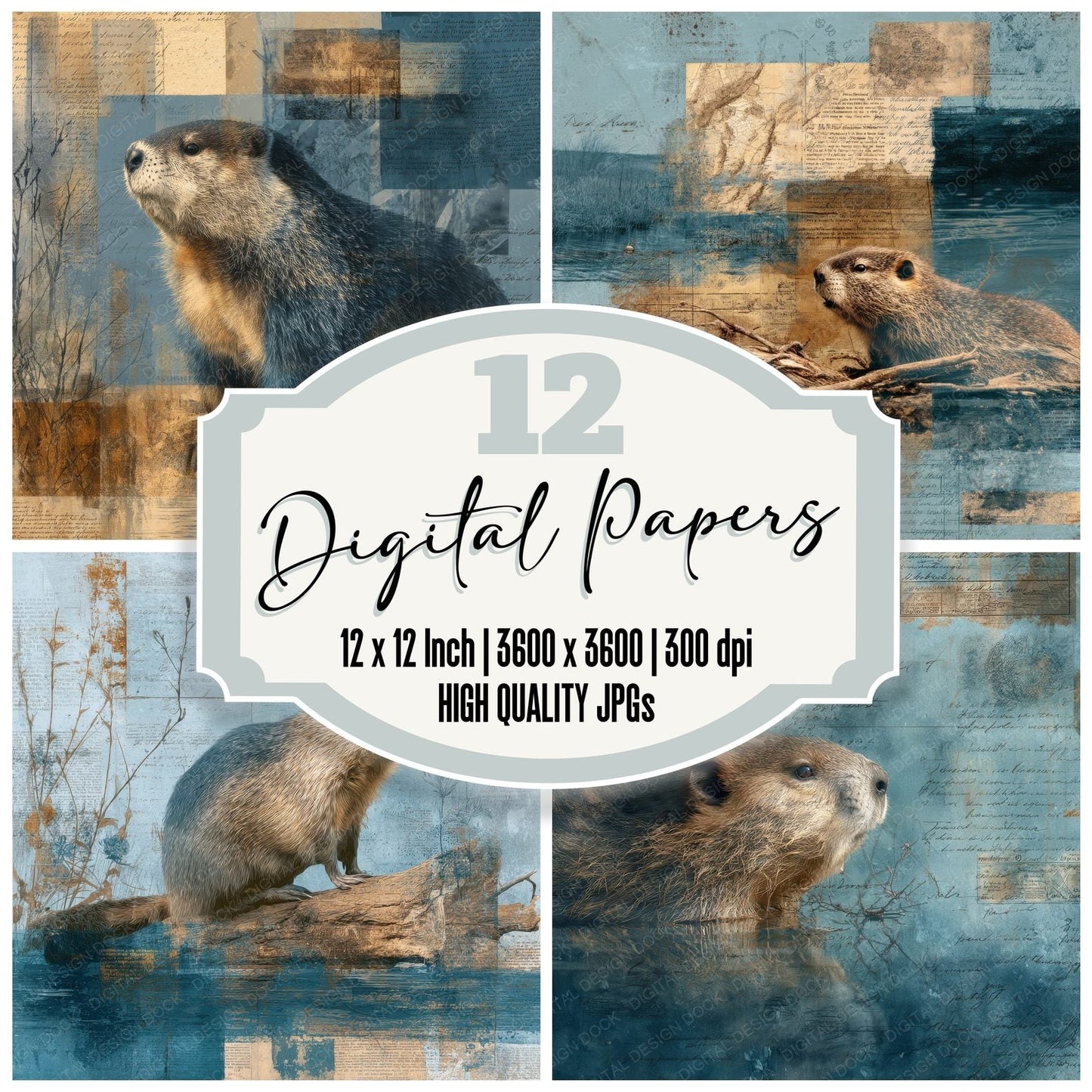 Collage Beaver Wetland Habitat Digital Paper Pack (DDD001033)