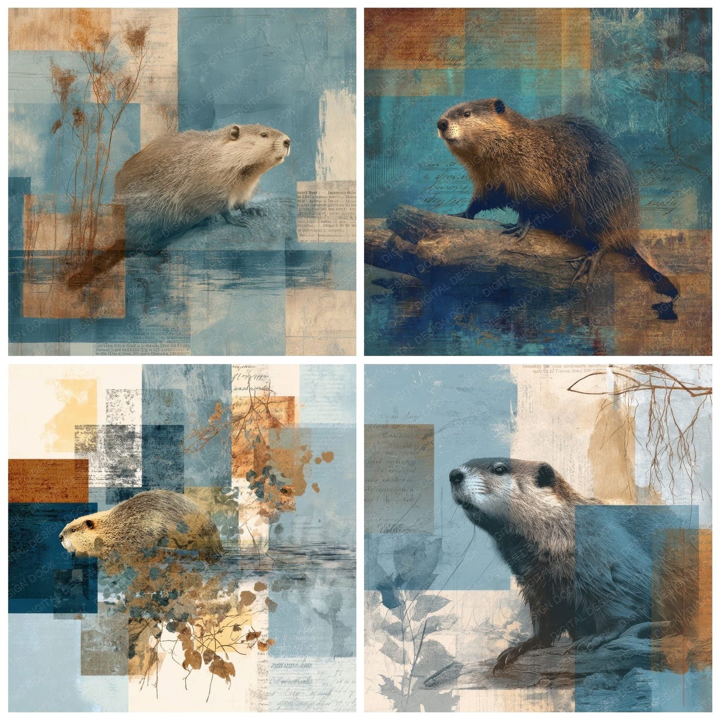 Collage Beaver Wetland Habitat Digital Paper Pack (DDD001033)