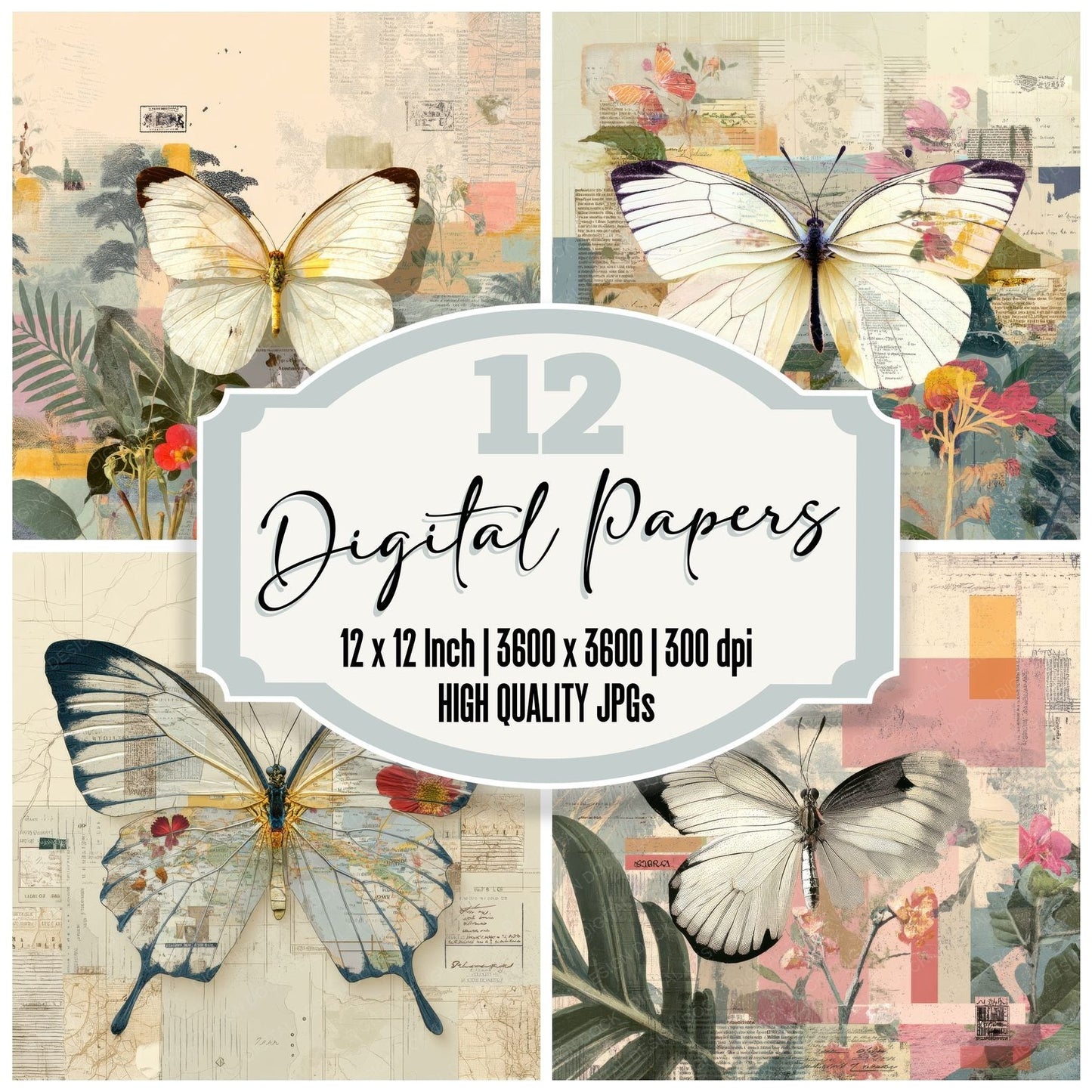 Collage Butterfly Botanical Atlas Digital Paper Pack (DDD001035)
