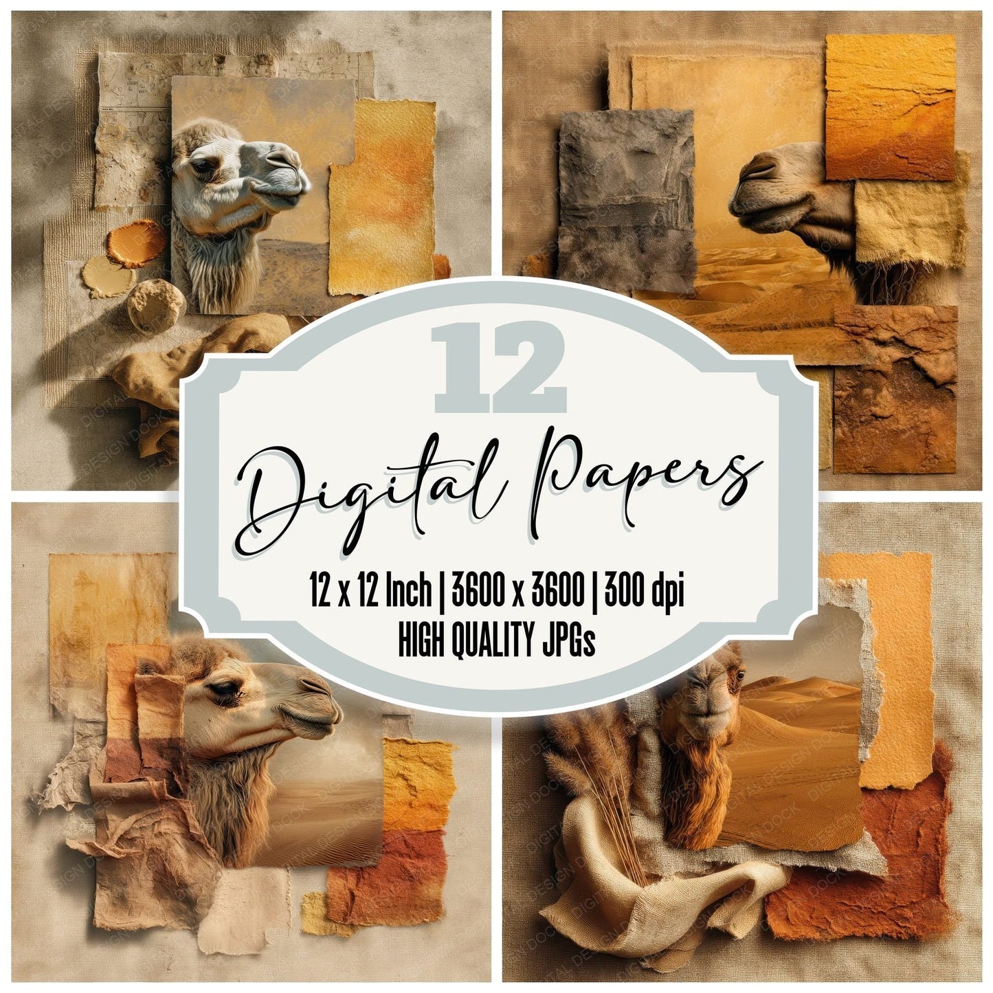 Collage Camel Desert Map Digital Paper Pack (DDD001038)
