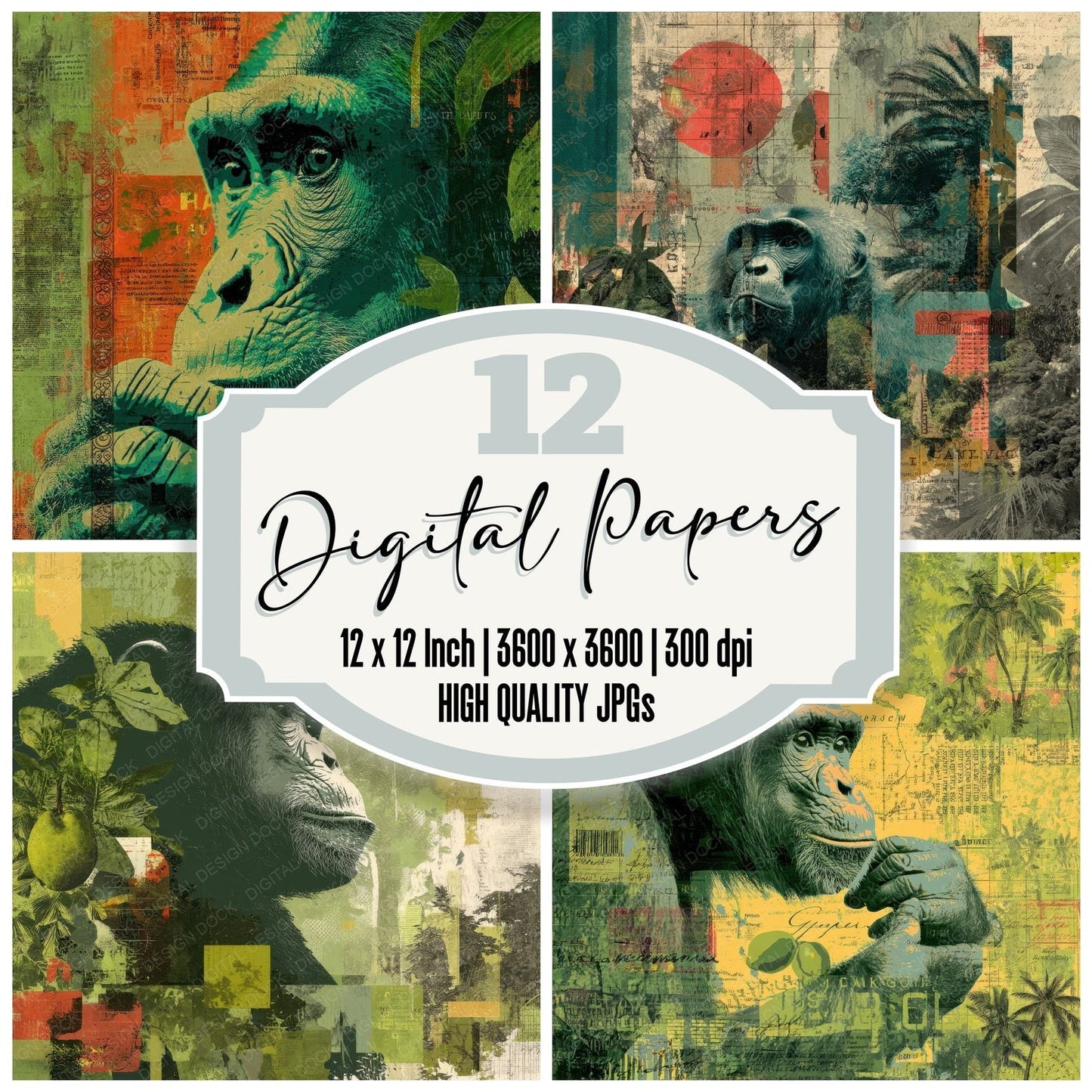 Collage Chimpanzee Jungle Canopy Digital Paper Pack (DDD001042)