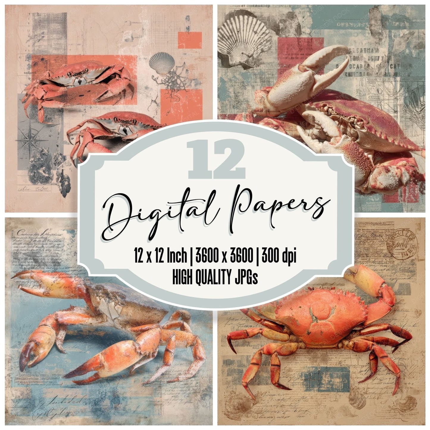 Collage Crab Coastal Shoreline Digital Paper Pack (DDD001045)